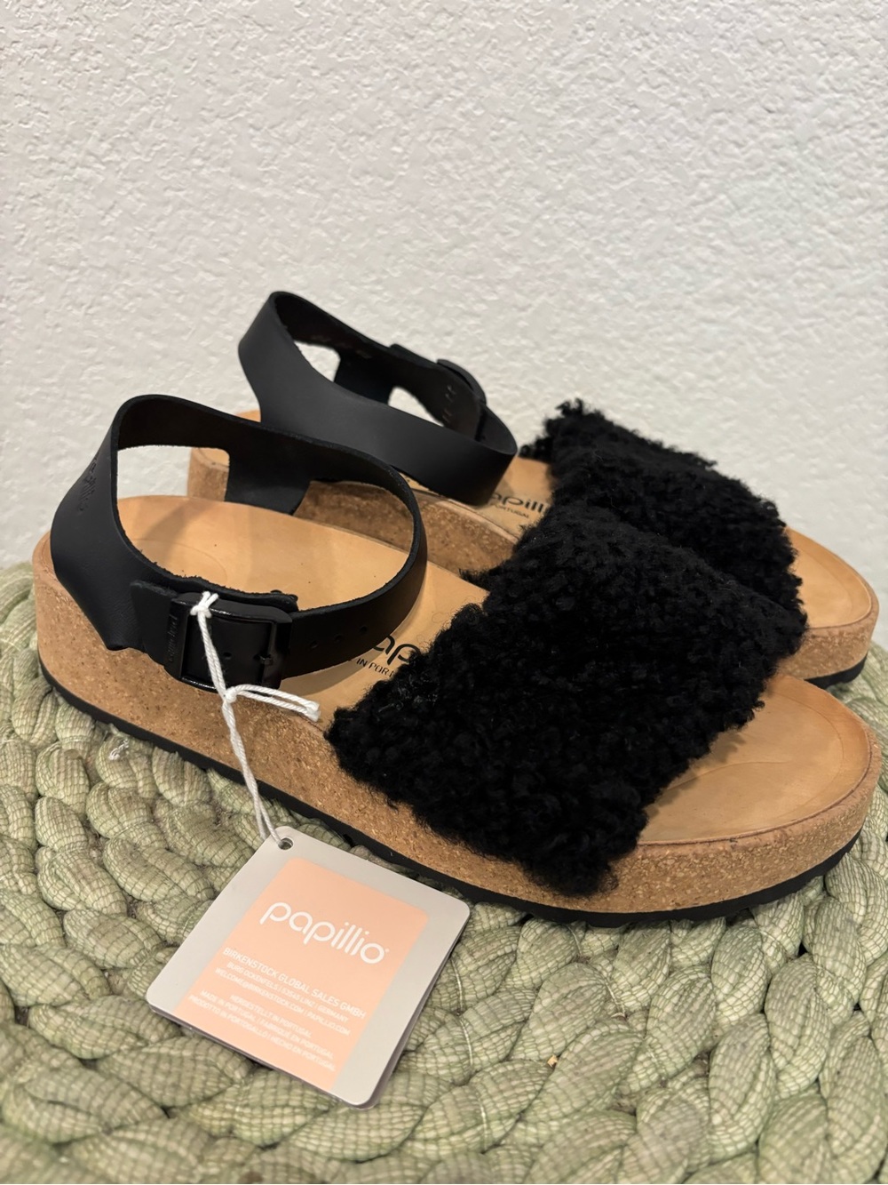 NEW Birkenstock Papillio Glenda Black Teddy Shearling Leather Ankle Strap Sandal - Picture 4 of 9